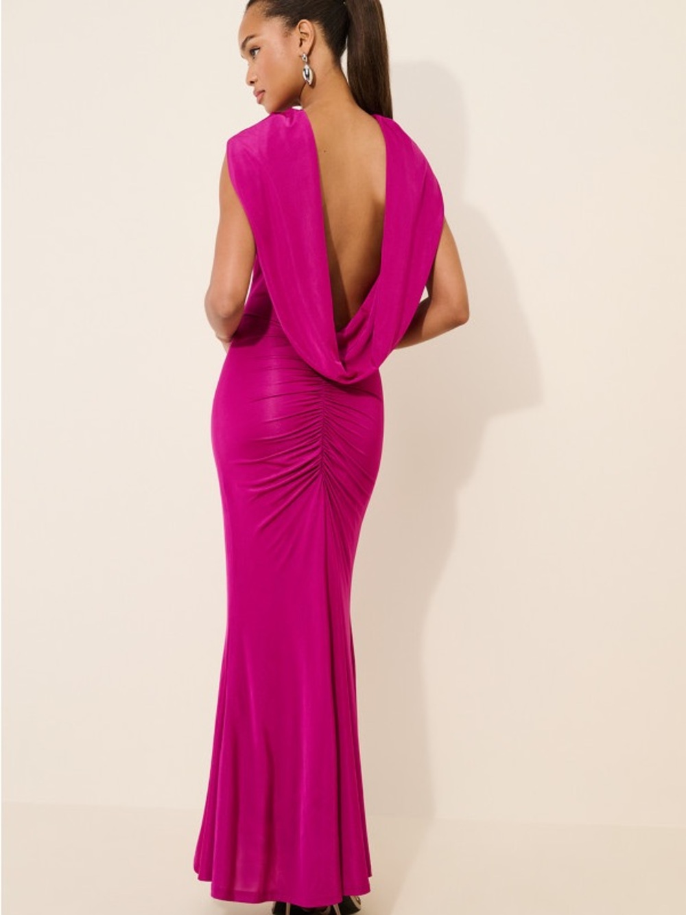 Ownley Daniella Maxi Cowl Dress, Elegant Open-Back Fuchsia Evening Gown